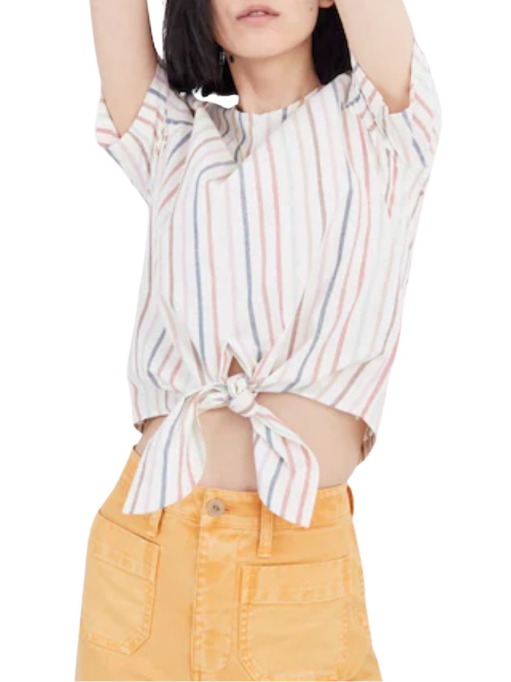 Madewell Rainbow Striped Button Back Preppy Short Sleeve Tie Front Top - XXS